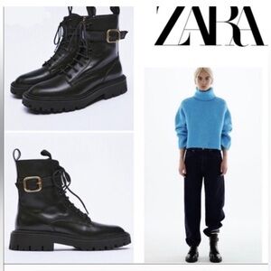 Zara Black Leather Lace-Up Boots